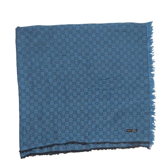 Gucci Vintage Blue Dual-Tone Reversible Monogram Stripe Shawl Wrap - Picture 5 of 8